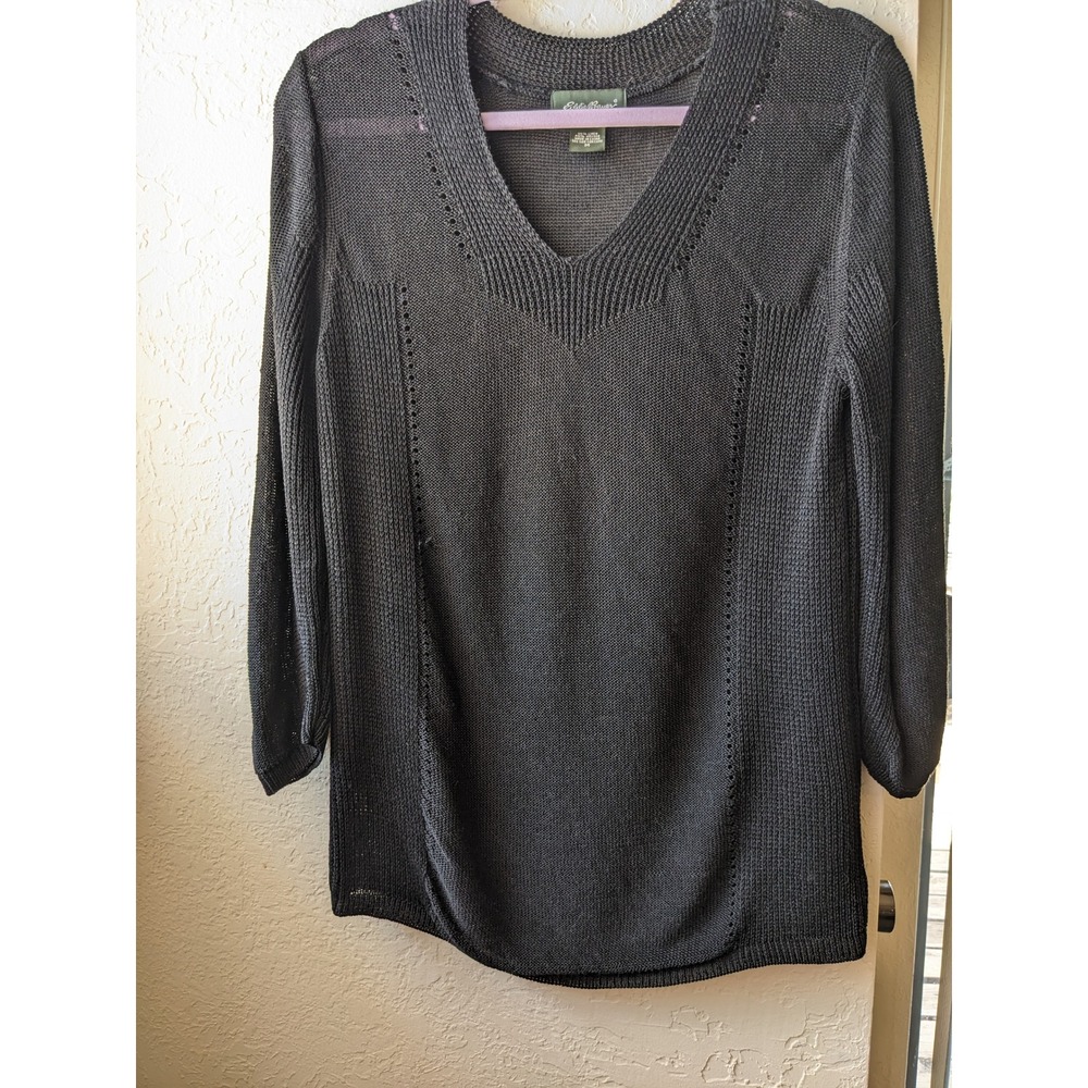 Eddie Bauer Black Linen Blend V-Neck Pointelle Knit Sweater 3/4 Sleeve Womens M